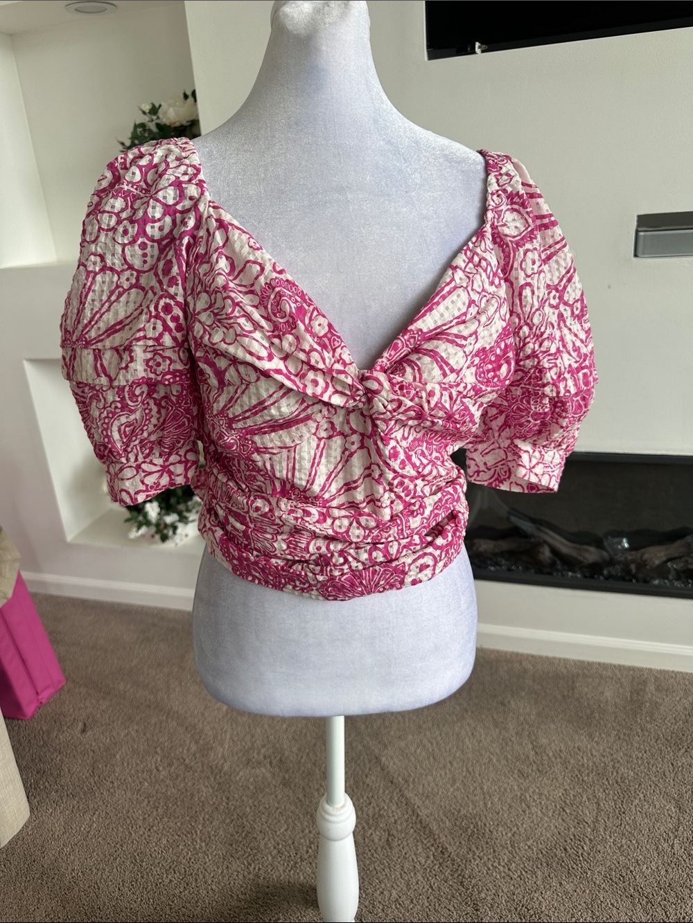 Maeve Pink and Cream Printed Puff Sleeve Crop Top